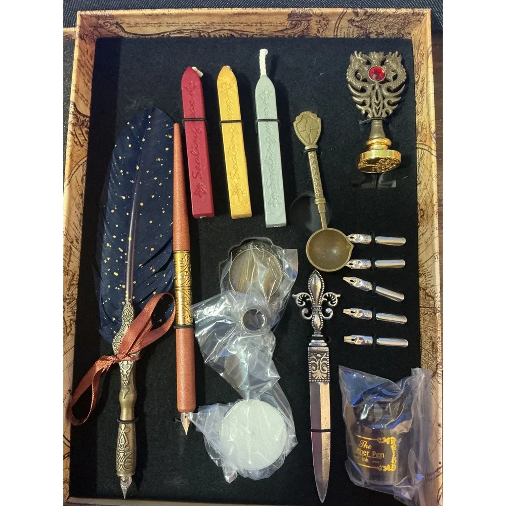 Calligraphy Quill Pen and Wax Seal Set Mappe Monde Map Gift Box 28pc‎